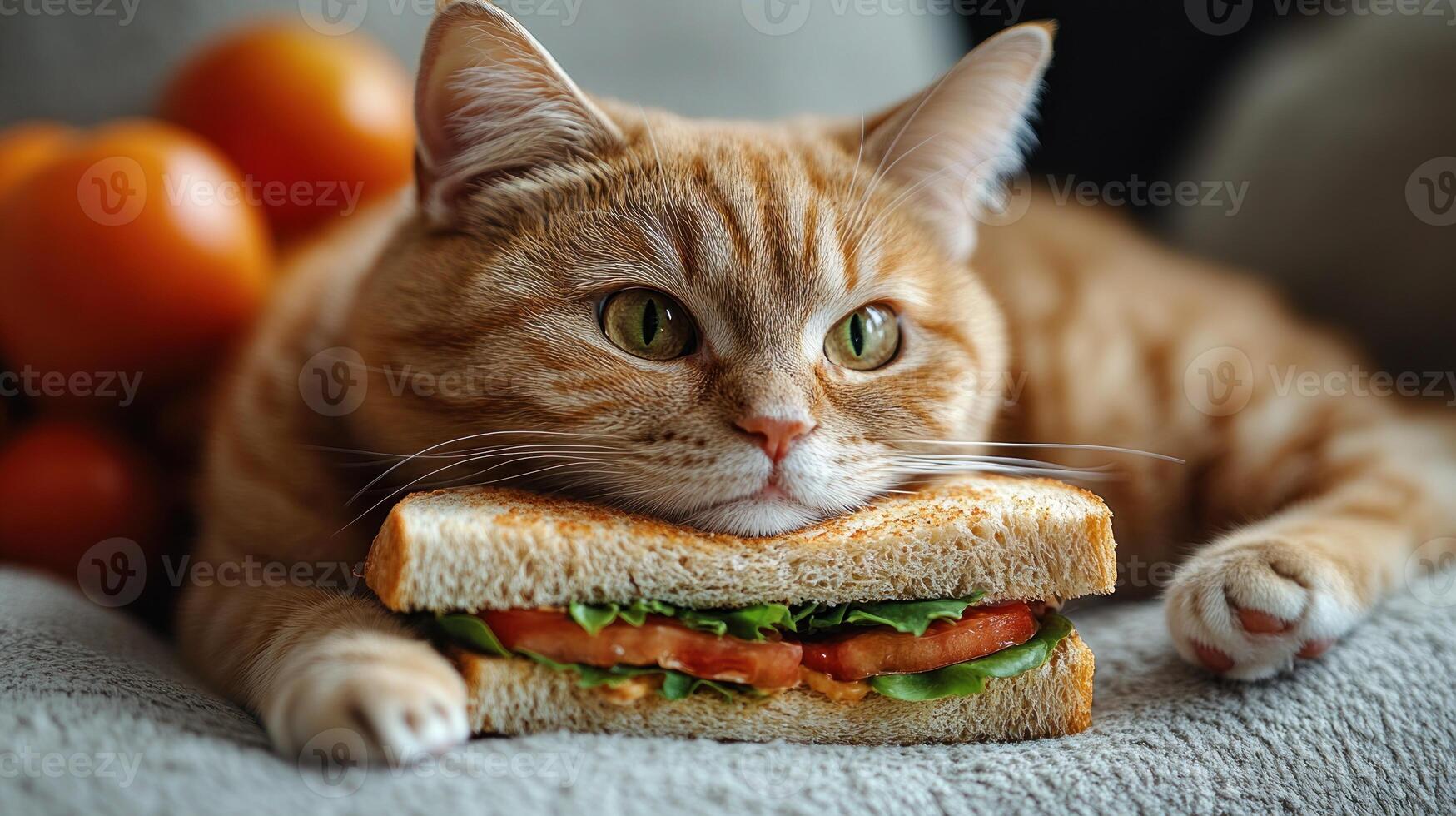 Curious cat rests on a sandwich, overlooking a fruity setting in a cozy living space photo