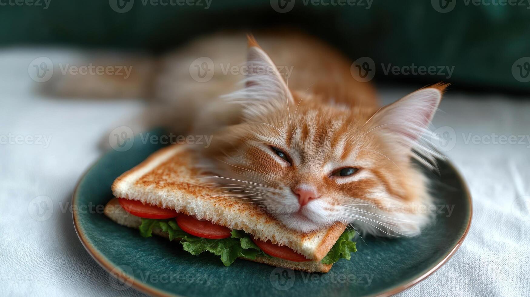 Cat lounging on a sandwich in a cozy indoor setting during a sunny afternoon photo