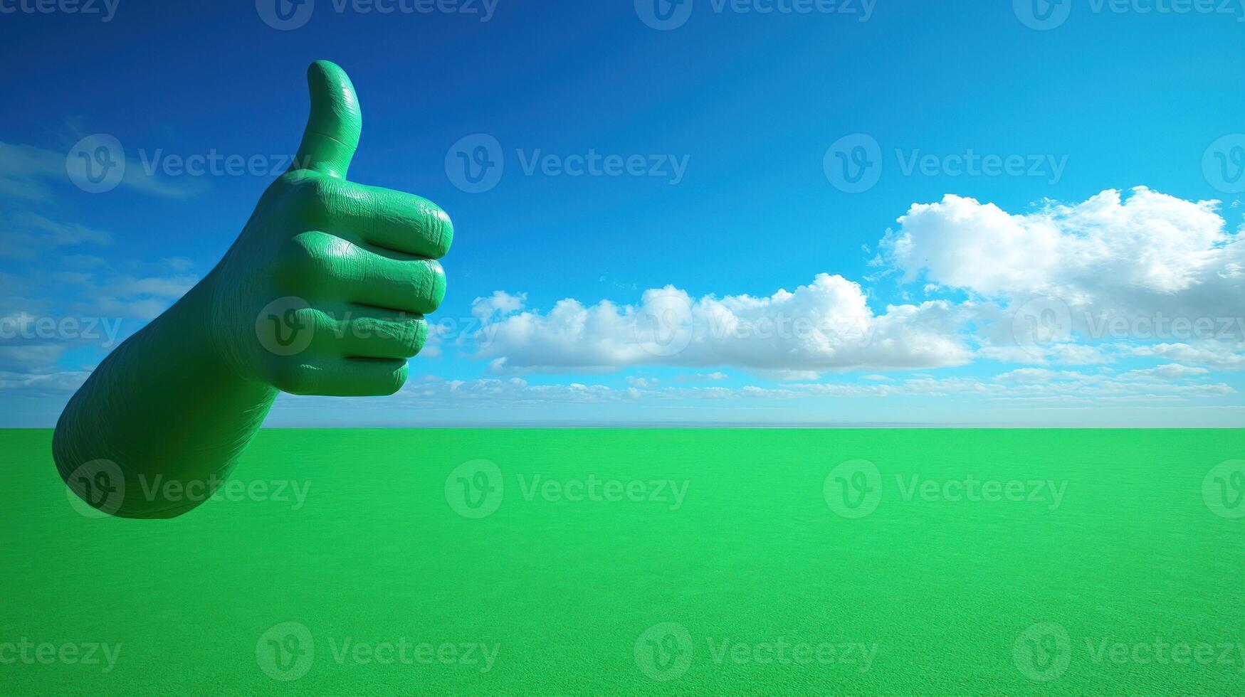 Bright green hand giving a thumbs up against a vibrant blue sky and green landscape photo