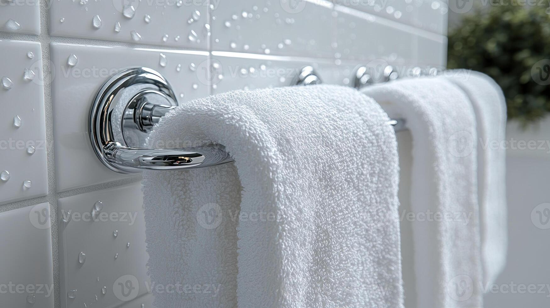 Soft white towels hang on a polished chrome towel rack in a modern bathroom photo