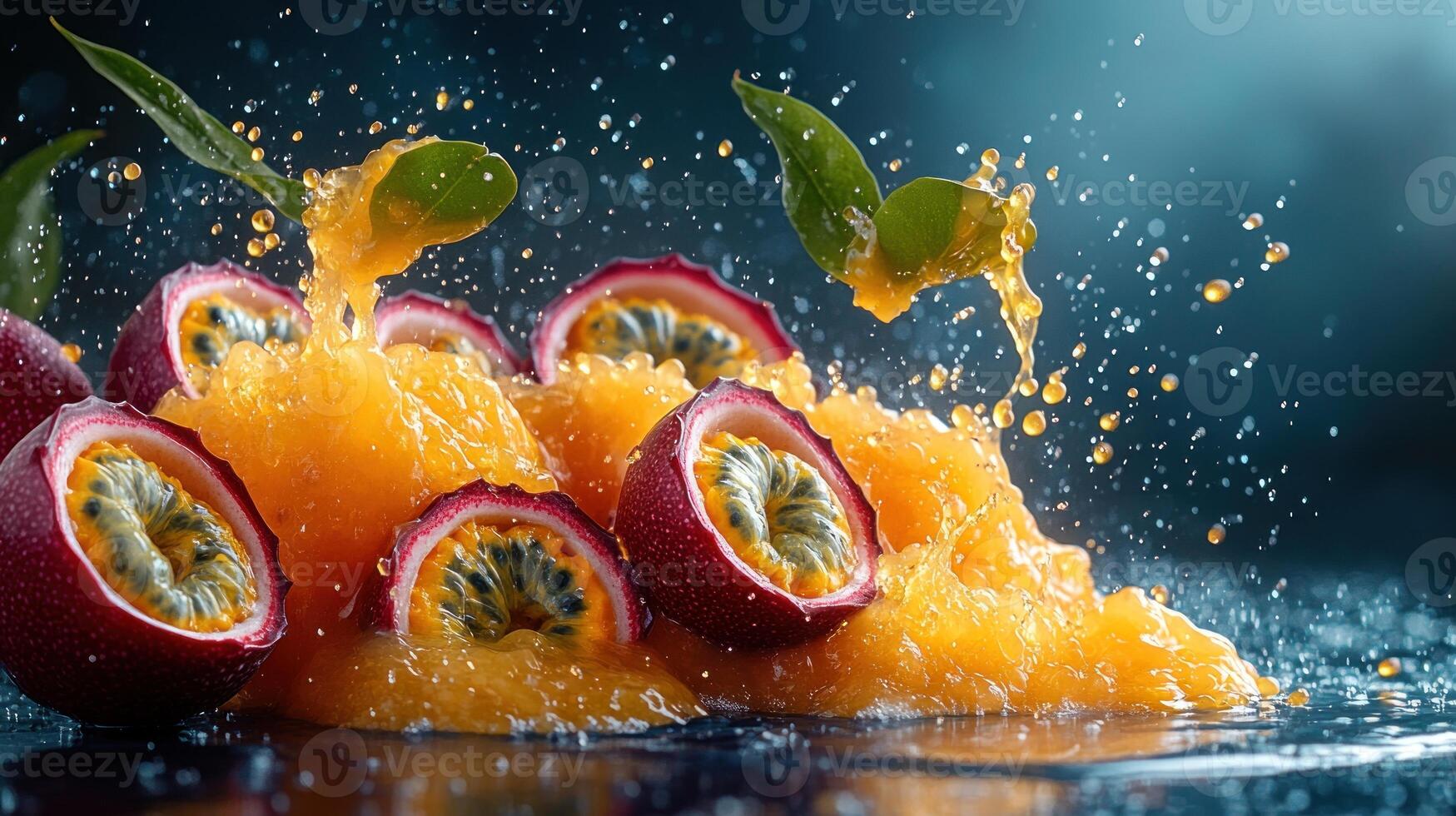 Vibrant passion fruit bursting with juice creates a colorful splash on a dark surface photo