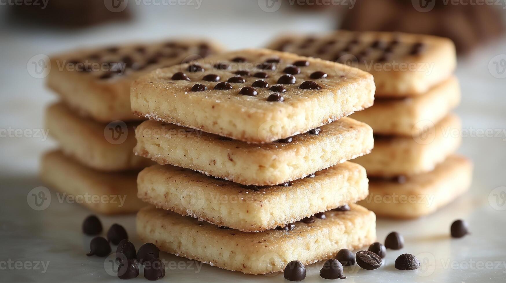 Deliciously crafted cookie squares with chocolate chips stacked invitingly on a countertop photo