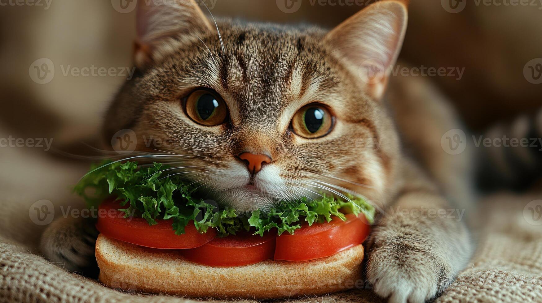 Cute cat enjoying a playful moment with a sandwich on a cozy blanket in a warm setting photo