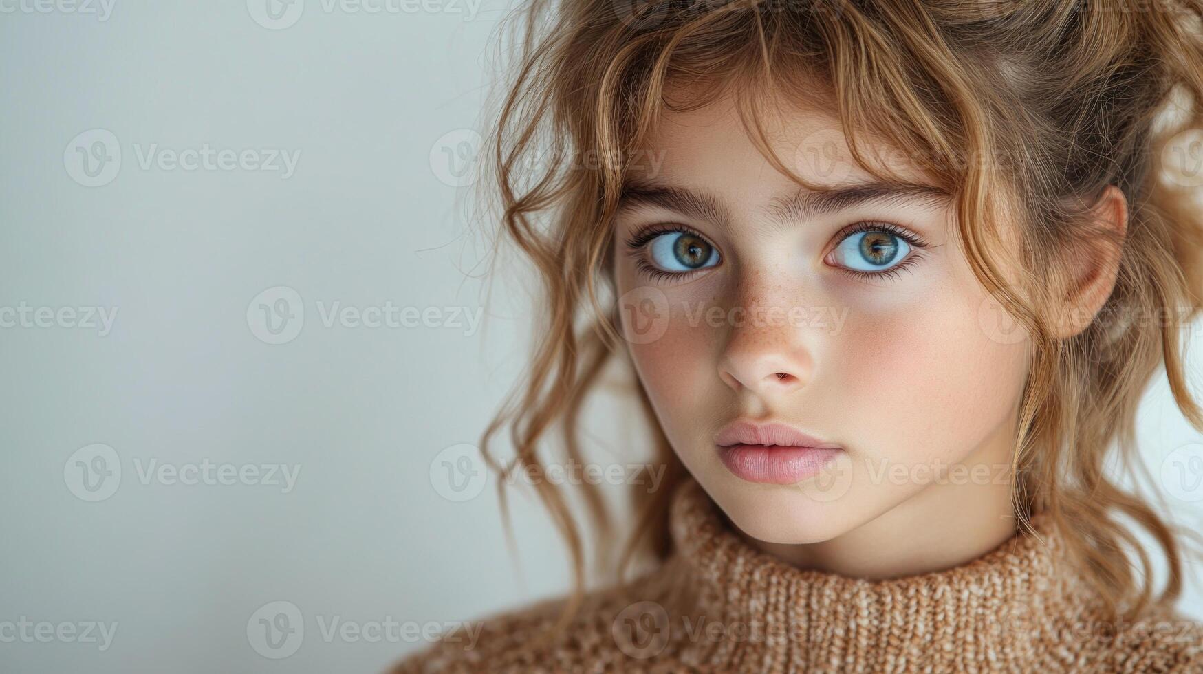 Captivating gaze of a young girl with enchanting blue eyes and curly hair indoors photo