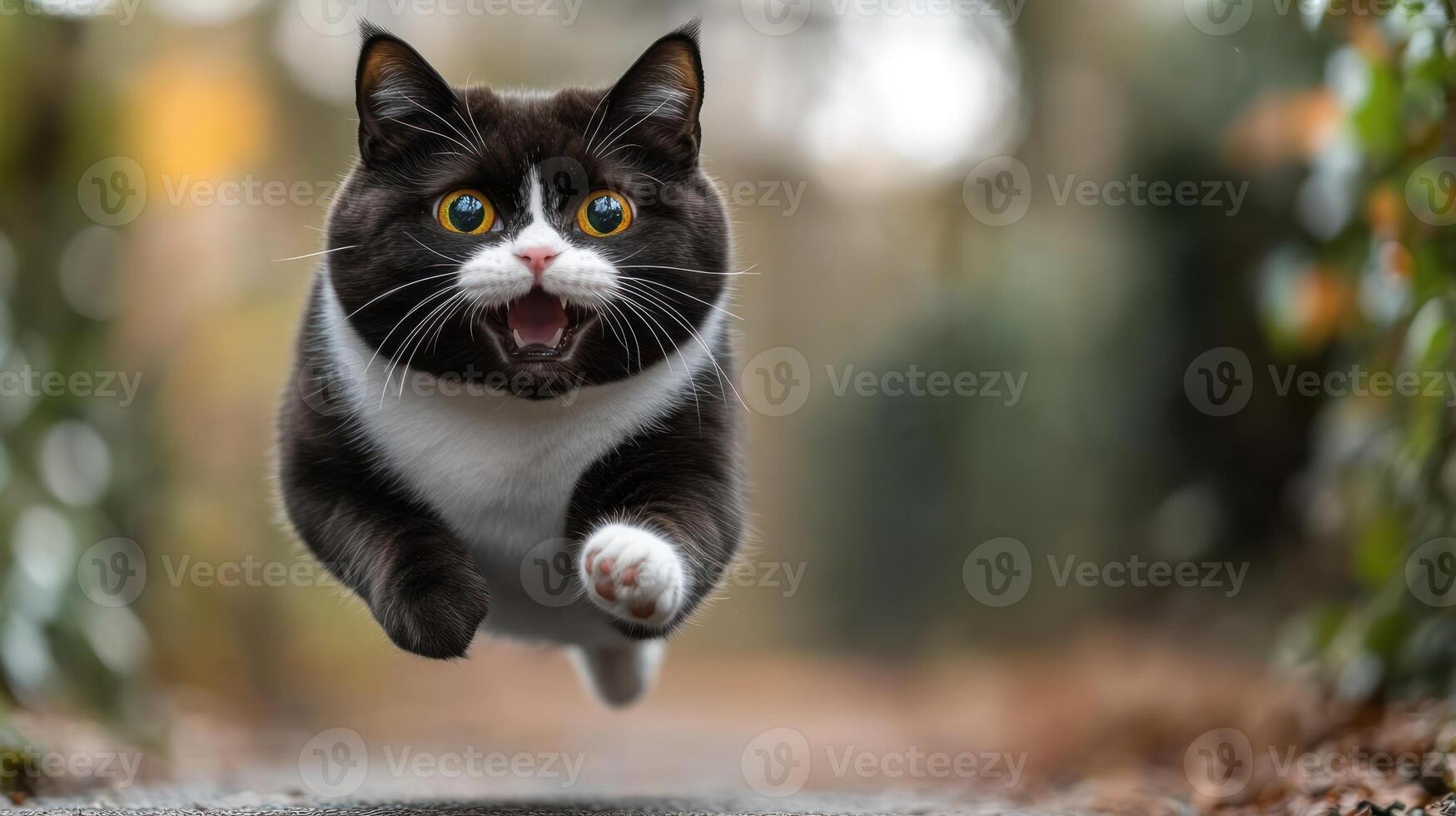 Energetic cat leaps through a vibrant pathway in autumn photo
