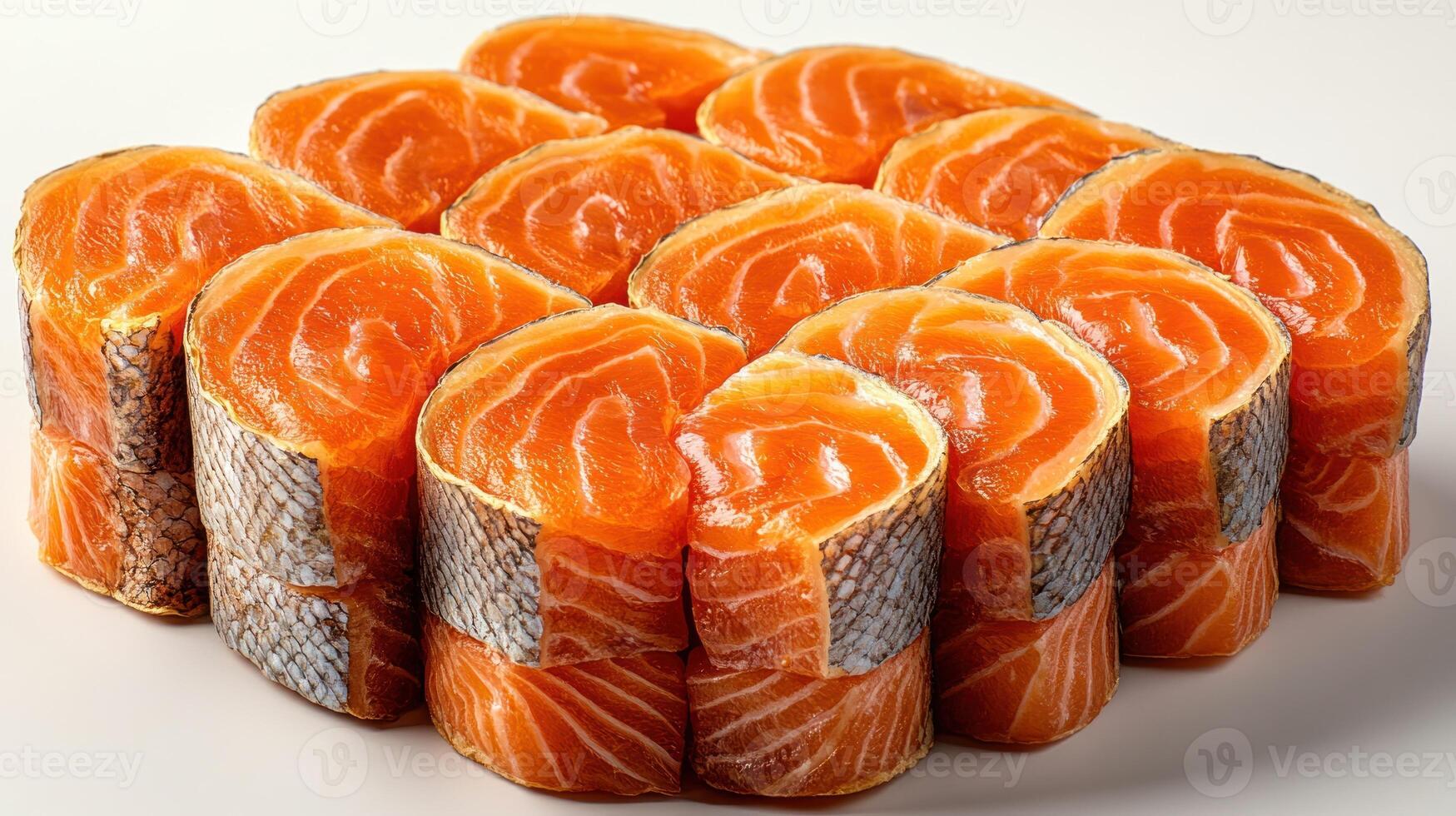 Succulent salmon sushi rolls arranged artistically on a pristine surface photo