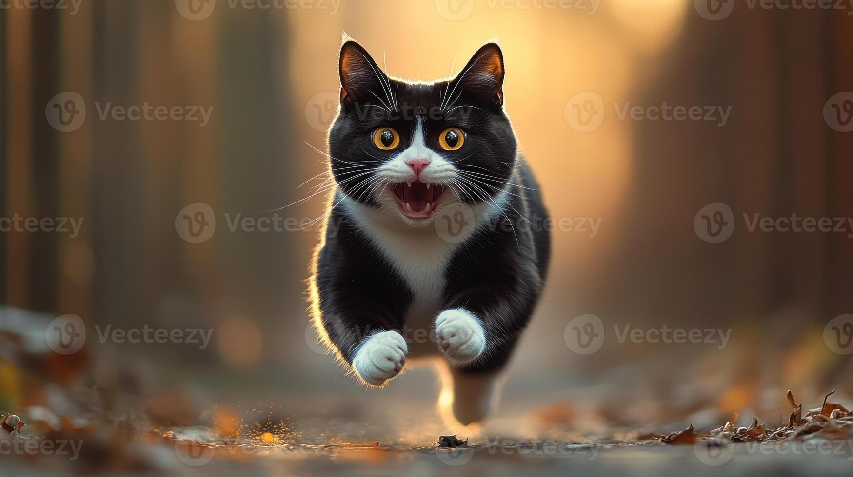 Black and white cat joyfully running through a sunlit forest path during autumn photo