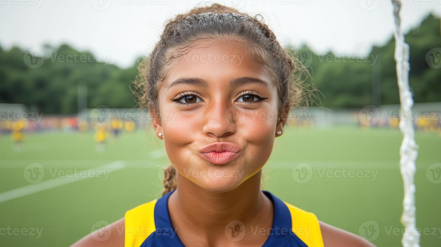Young athlete poses with confidence on the soccer field during a summer training session photo