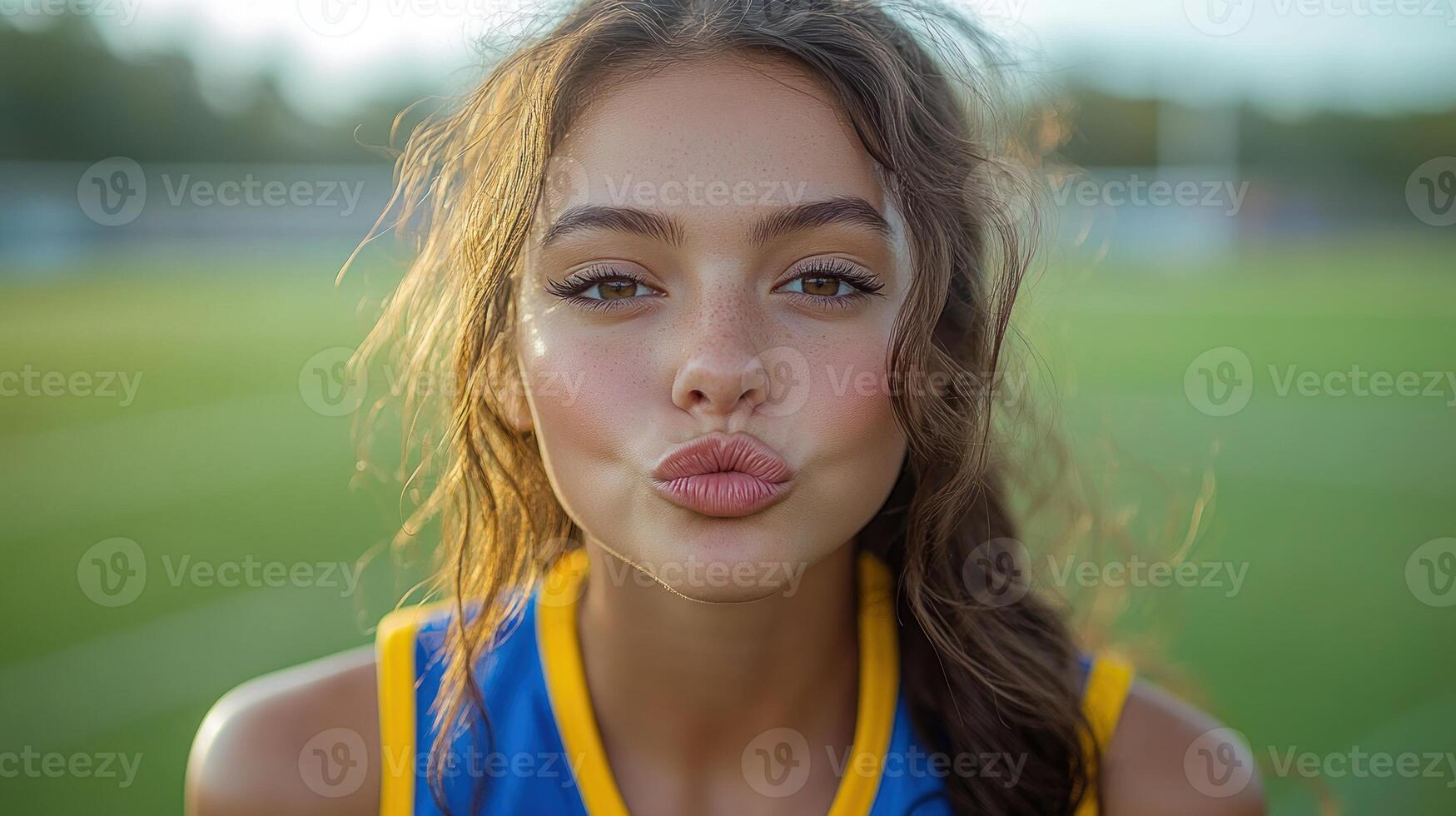 Joyful cheerleader poses playfully at sunset on a vibrant sports field photo