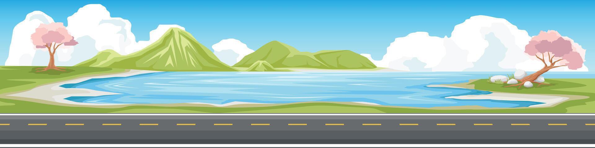Horizontal stretch of asphalt road with yellow line for banner. Traffic on the beach road. Background Cherry blossom trees and sea beach. Island far away under blue sky and white clouds. vector