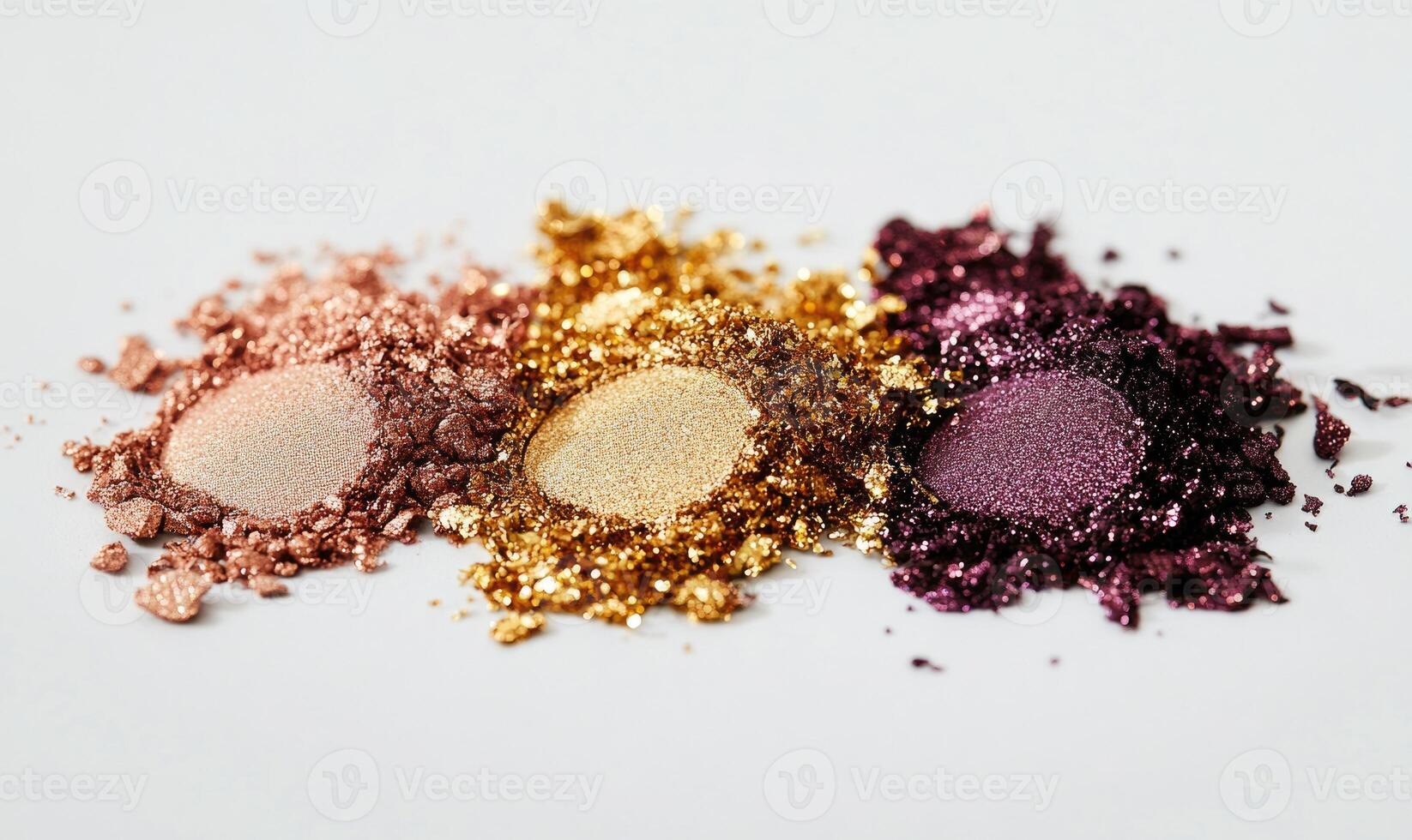 A collection of four eyeshadow shades light peach, soft lavender, deep bronze, and rich berry, lightly decorated with golden tinsel photo