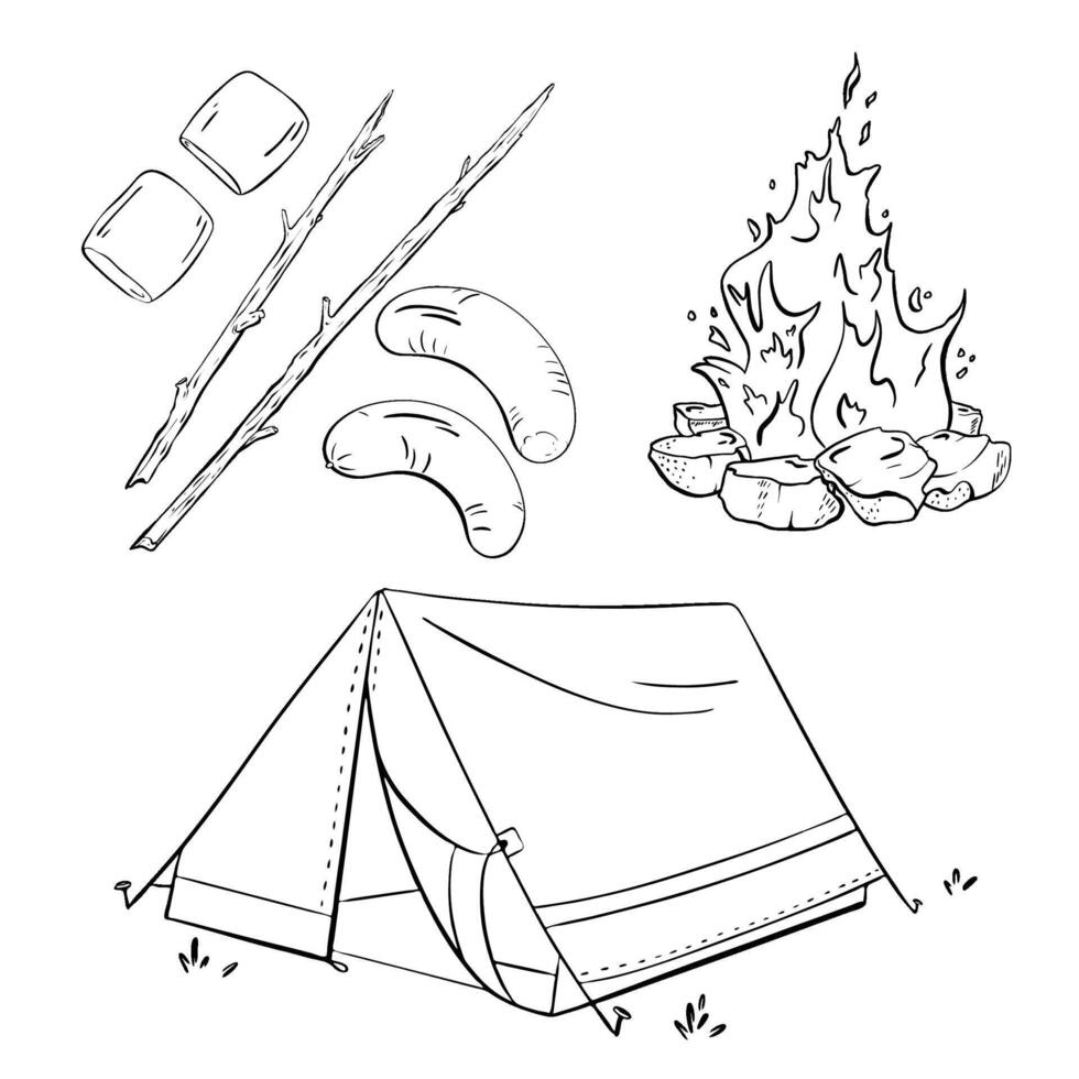 Camping Essentials for Your Adventure Fire, Tent, Food, and More for Enjoyable Experiences. sketch illustration. Tourism vector