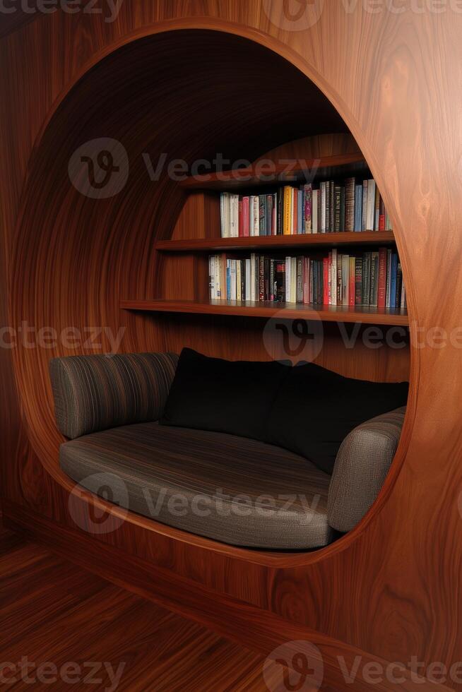 Cozy reading nook with shelves in modern wooden design photo