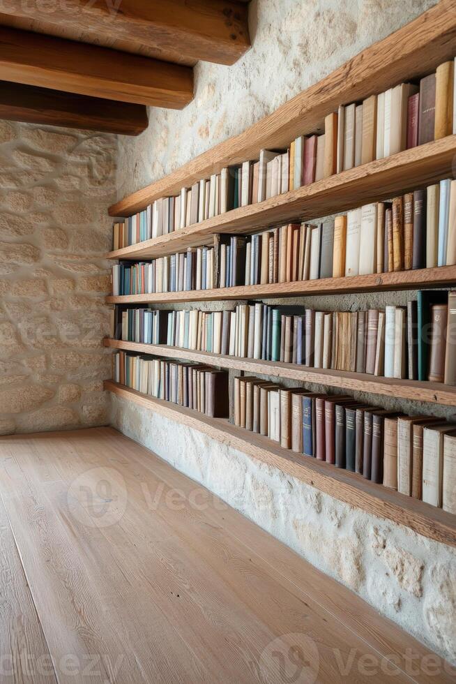 Cozy bookshelf with wooden shelves in a bright room photo