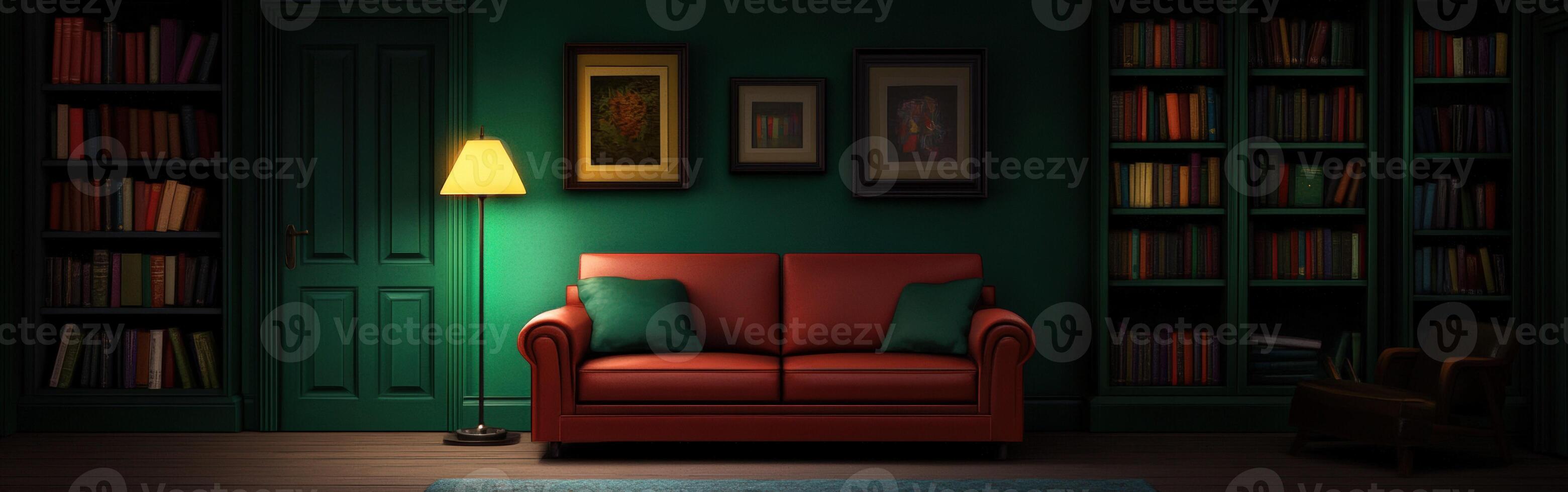 Cozy reading nook with green walls and warm lighting photo
