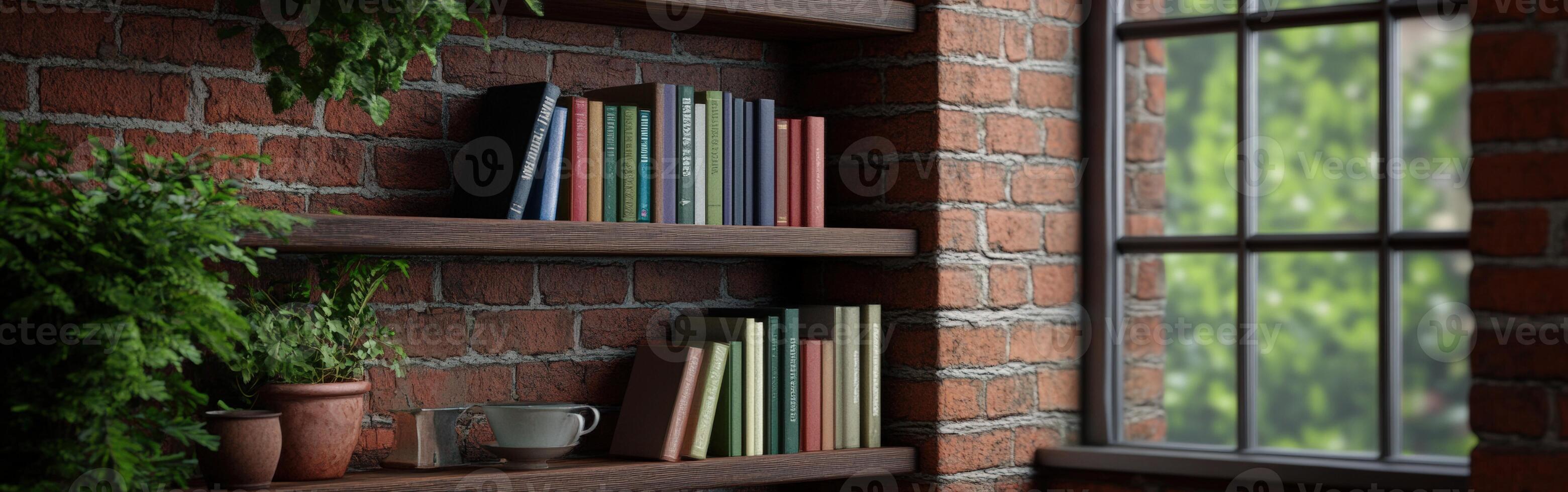 Cozy reading nook with books and plants in natural light photo