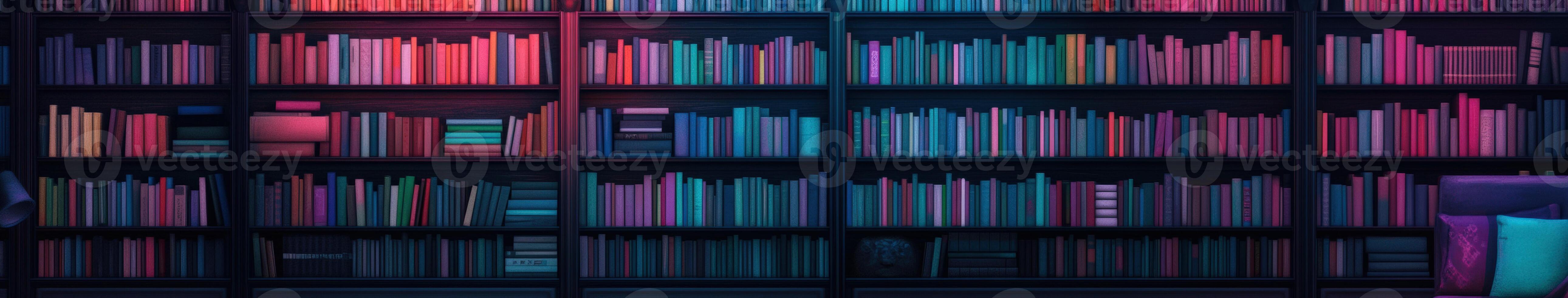 Colorful bookshelf filled with various books in a cozy space photo