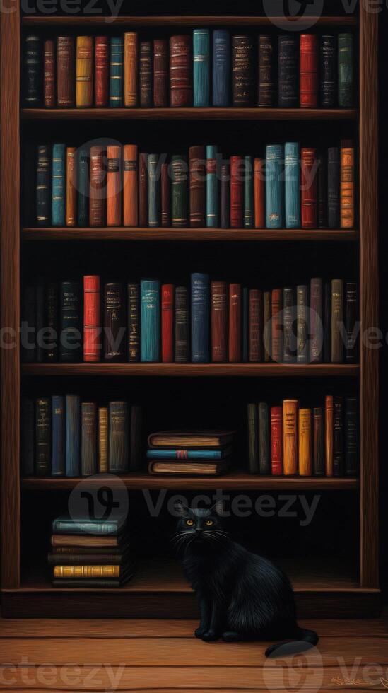 Black cat sits quietly beside a tall bookshelf filled with books photo