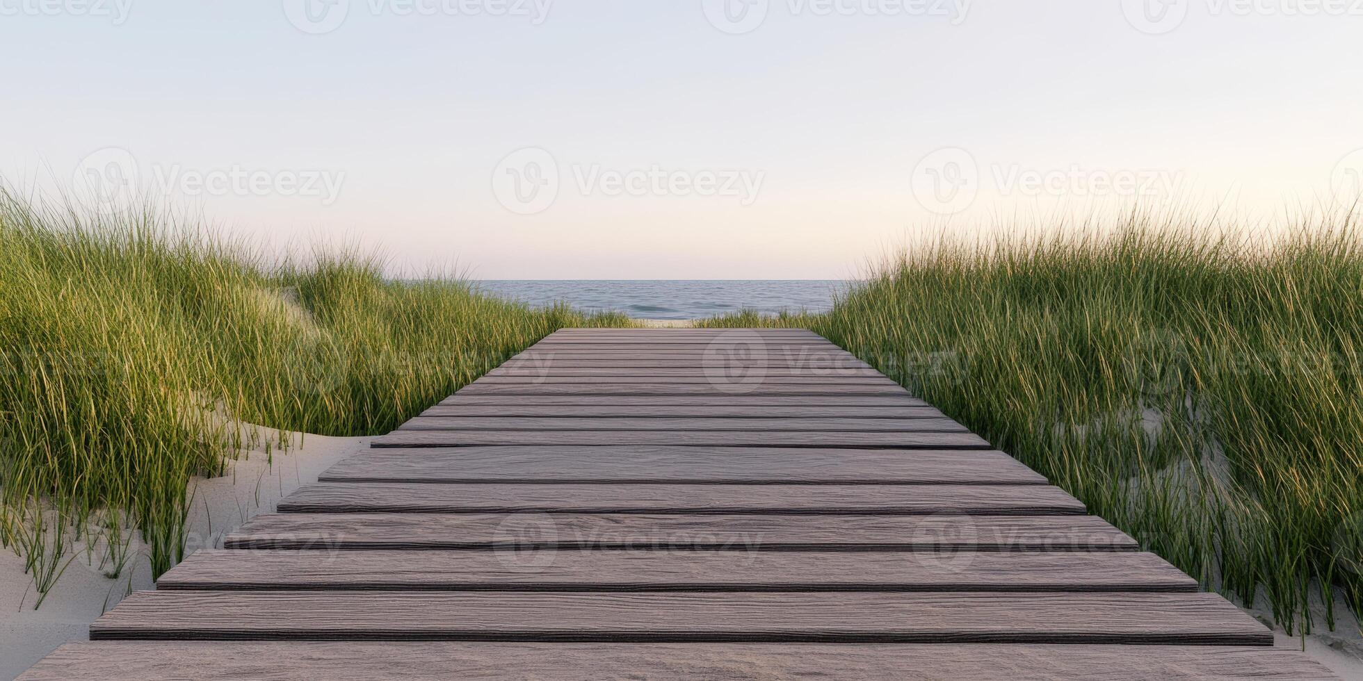 Walking pathway leads to serene beach at sunset time photo