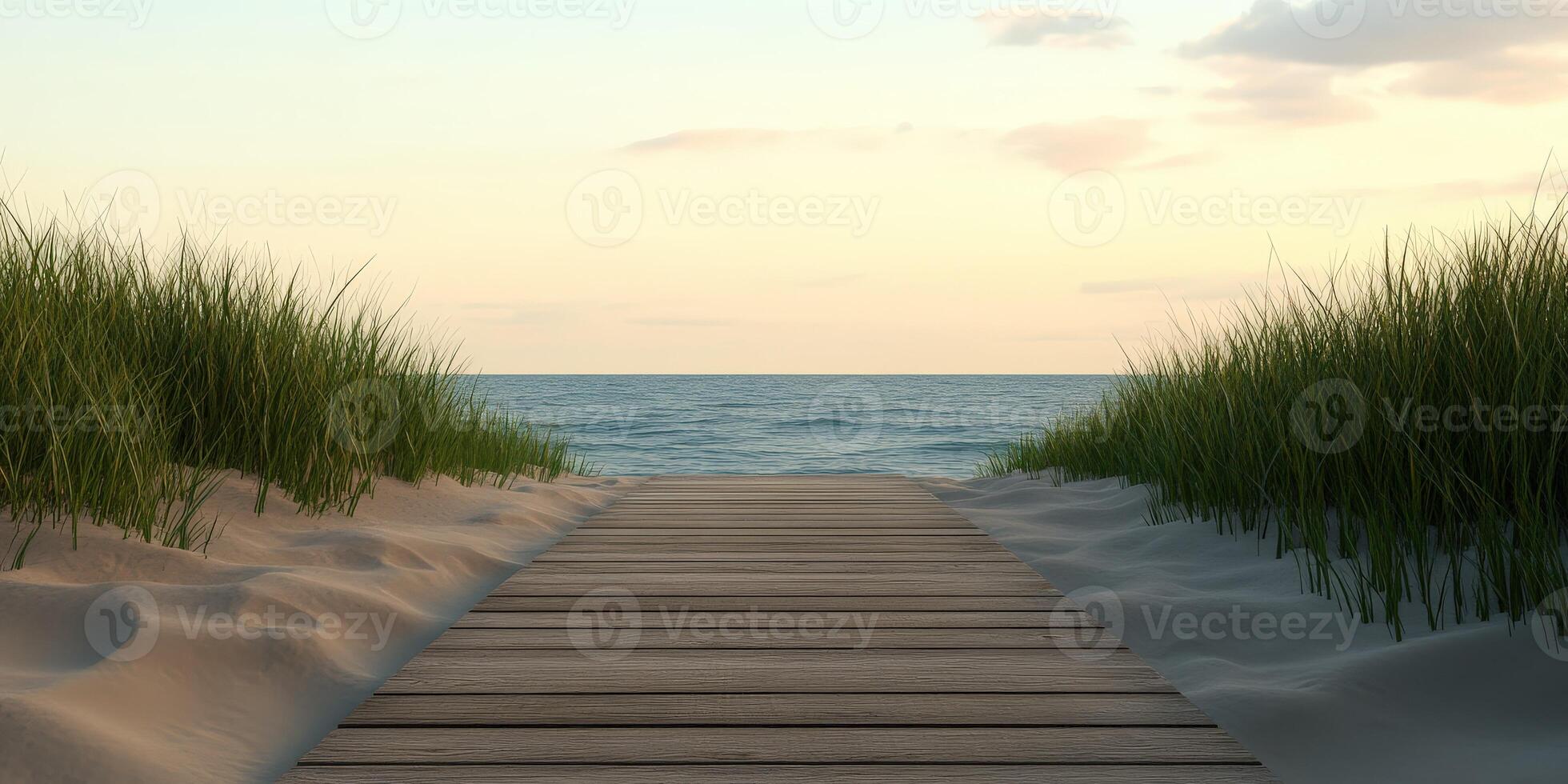 Serene pathway leading to tranquil ocean at sunset photo