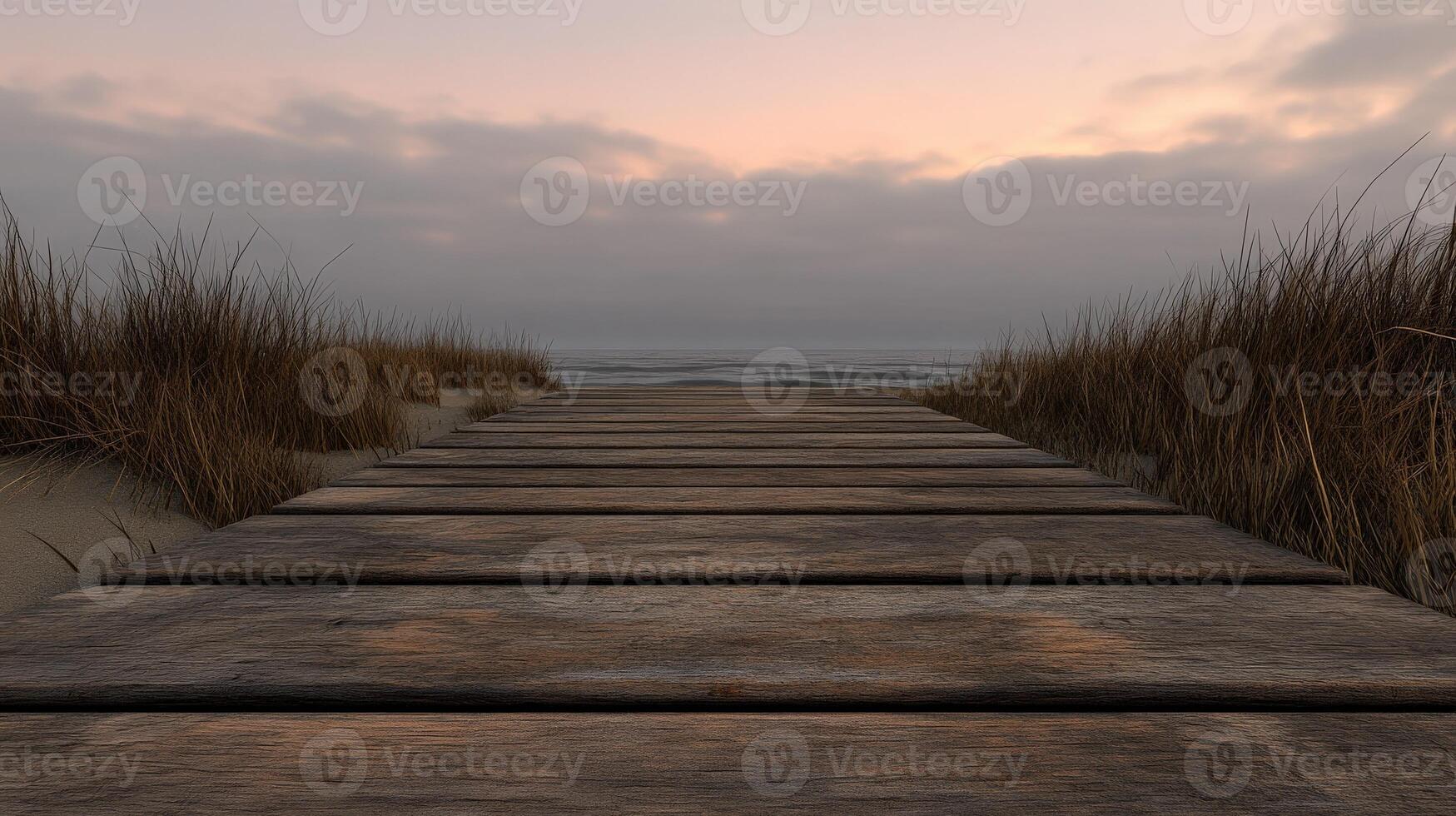 Serene wooden pathway leads to the ocean at dusk photo
