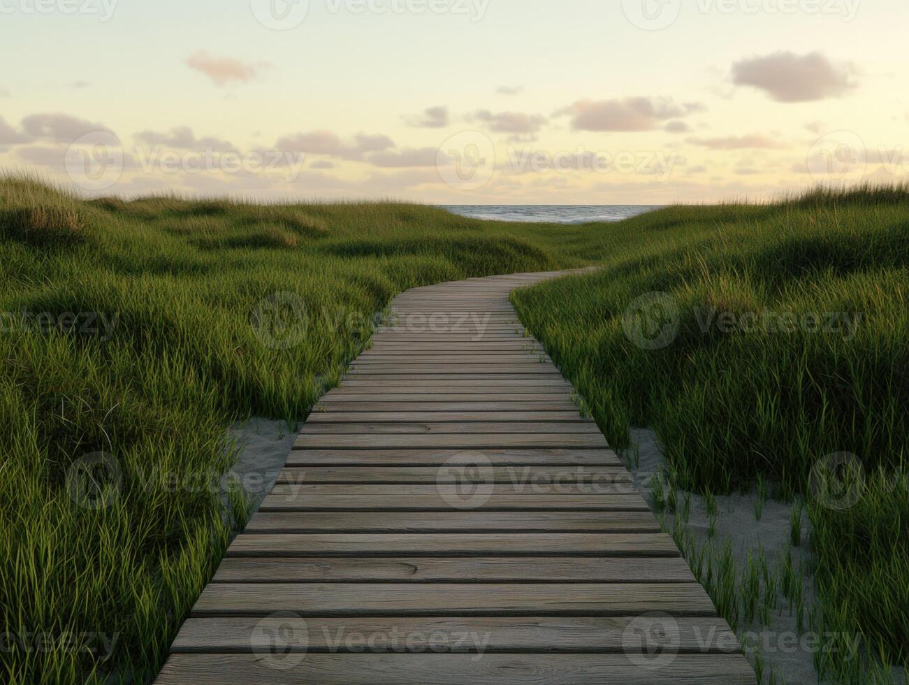 Curved wooden pathway leading to the ocean at sunset photo