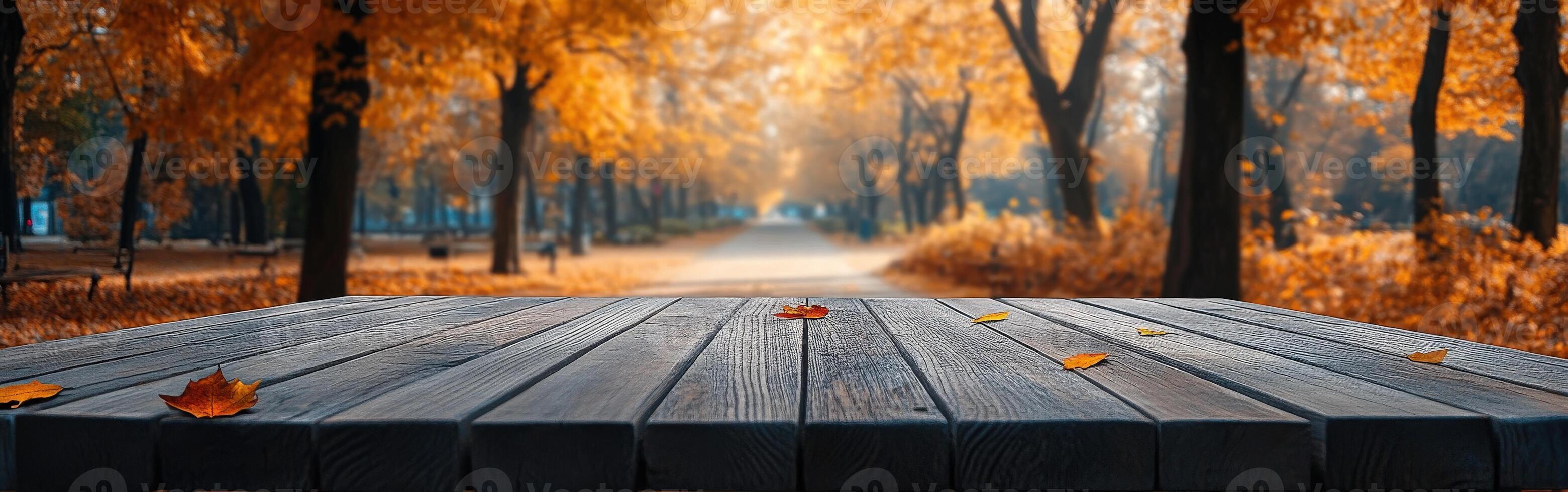 Relaxing autumn pathway with wooden table in the foreground photo