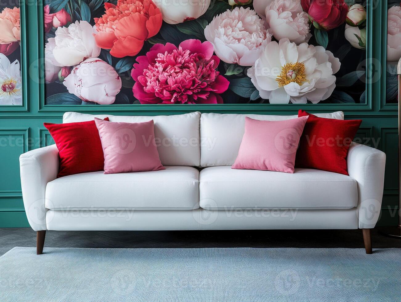 Elegant sofa with colorful floral backdrop in stylish interior photo