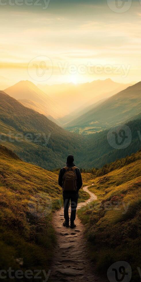 Hiker exploring a scenic valley during sunset photo