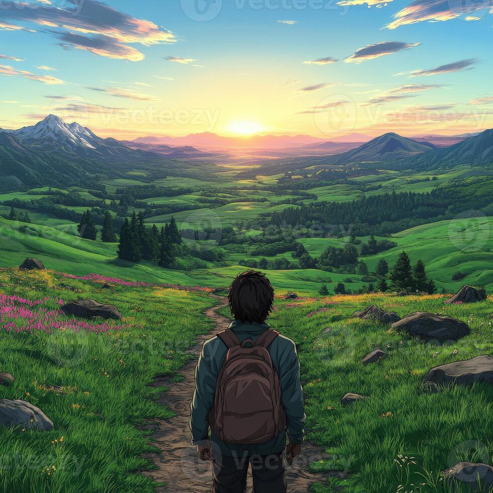 Exploring a serene mountain landscape at sunset photo