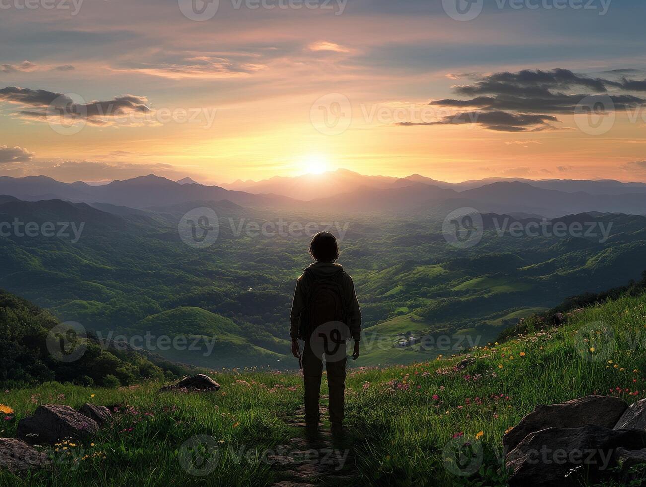 Child stands on a hillside watching the sunset over mountains photo