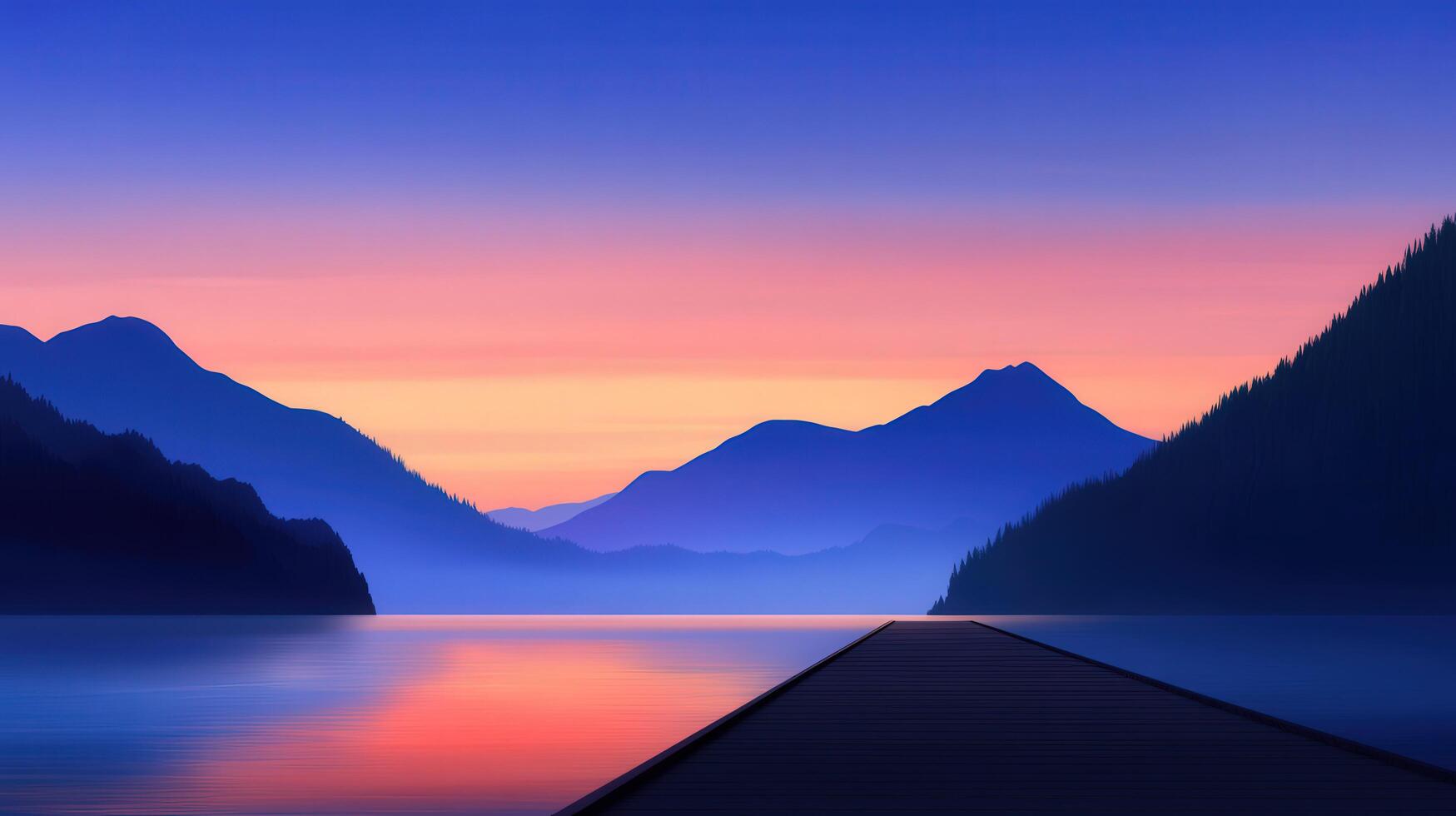 Serene sunset over a calm lake with mountain silhouette photo