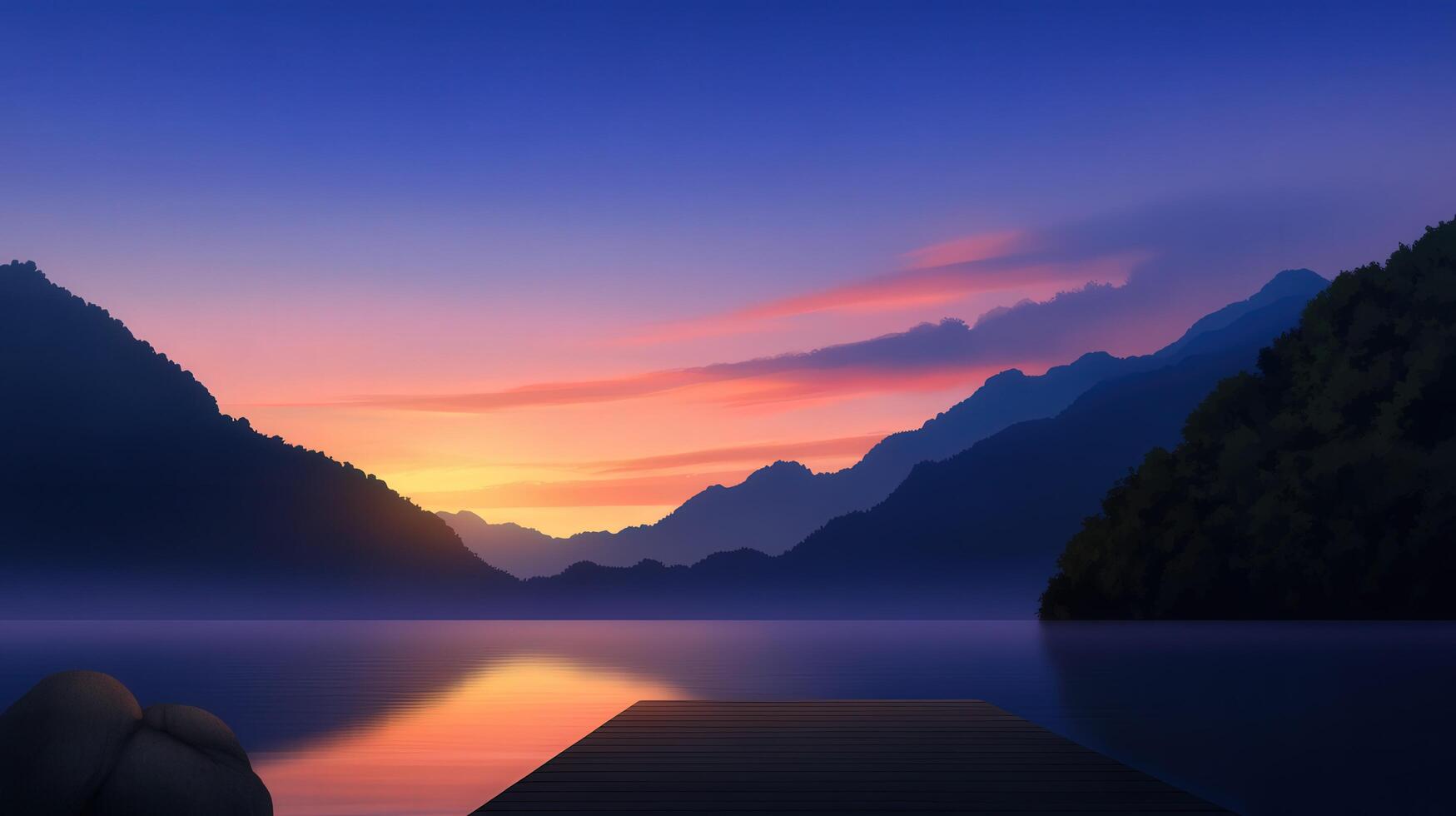 Calm sunset over serene lake with distant mountains photo