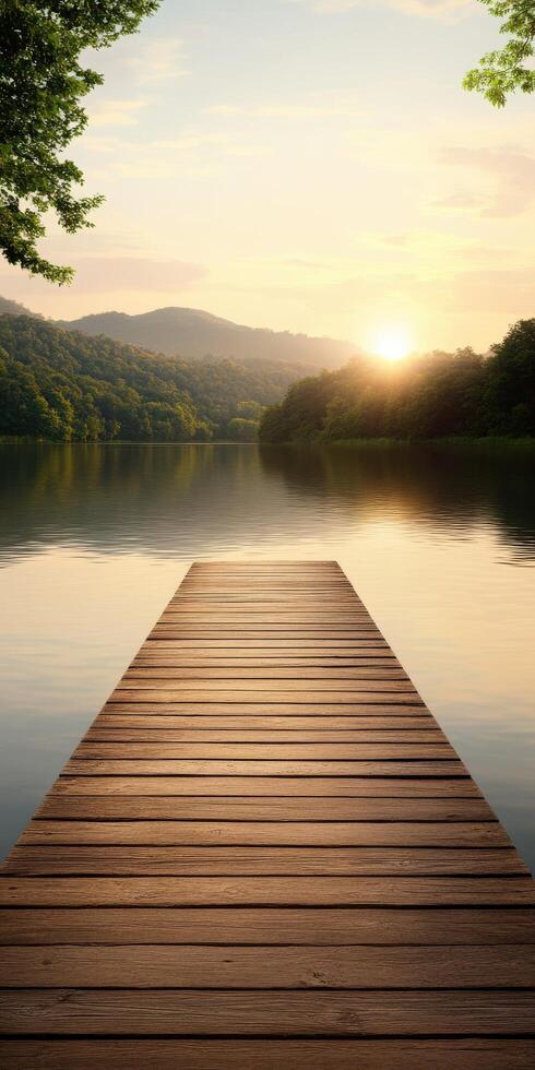 Serene wooden dock at lake during sunset in nature photo
