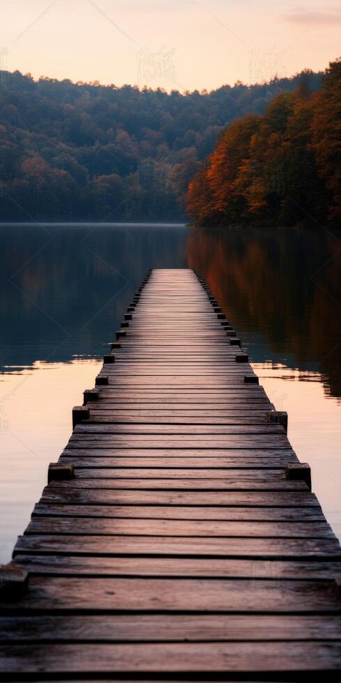 Tranquil wooden dock extending into calm lake during sunset photo