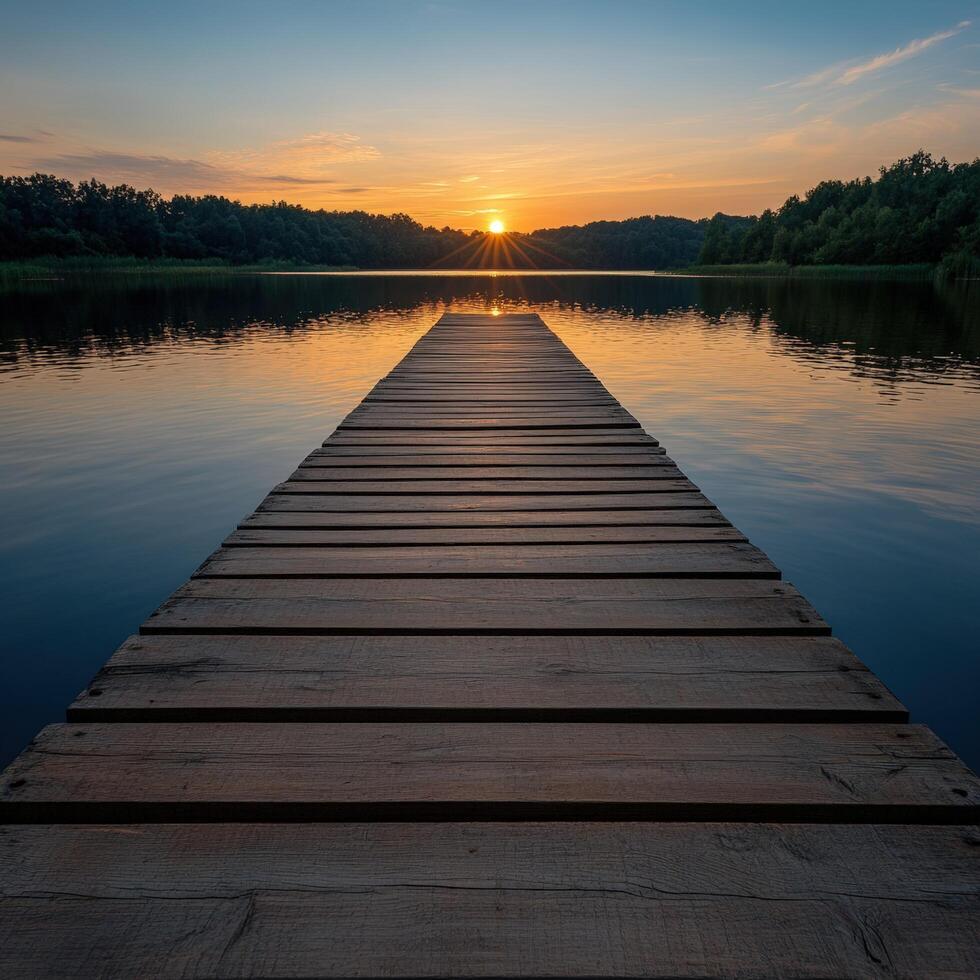 Sunset over tranquil lake with wooden dock extending photo