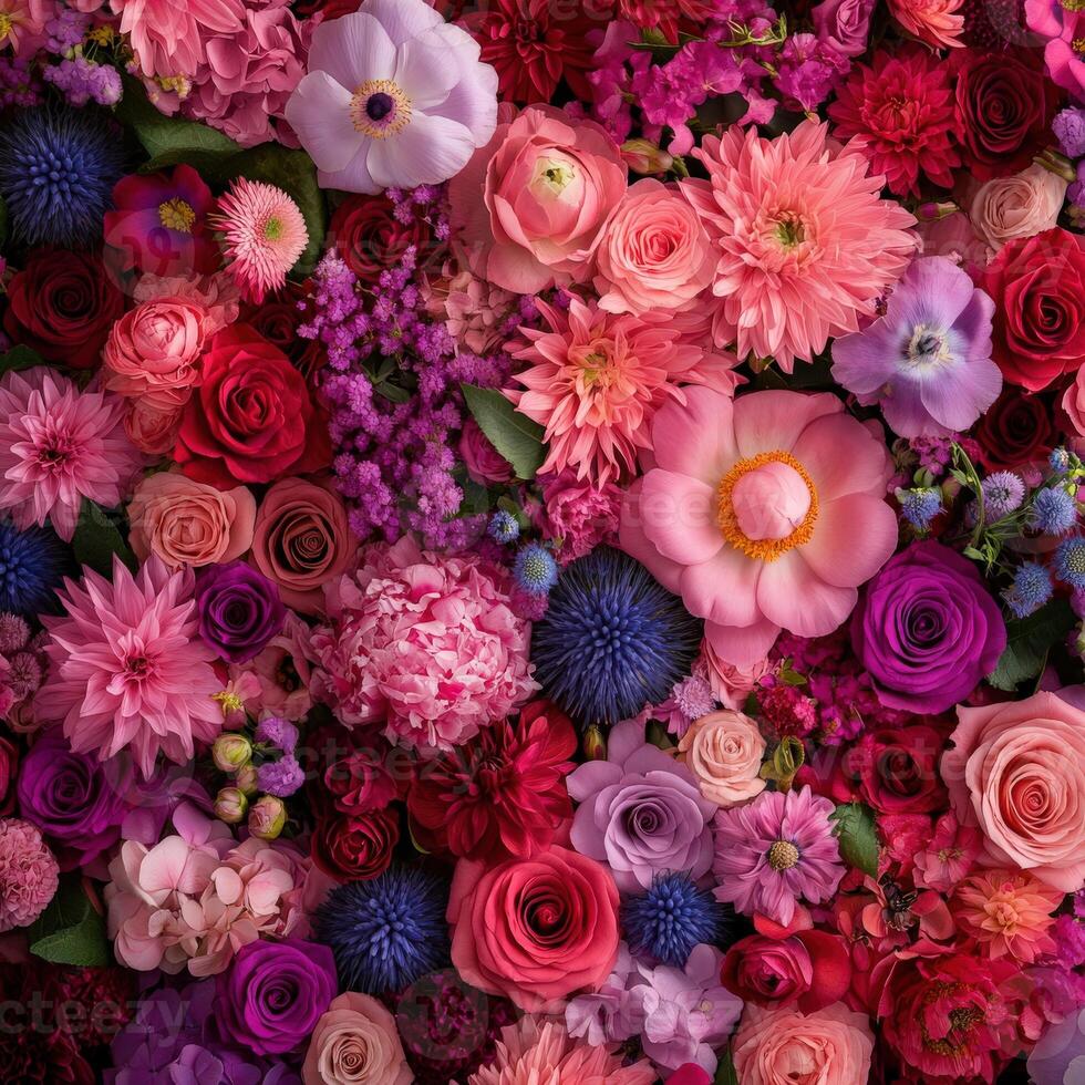Colorful display of various flowers in a lush arrangement photo