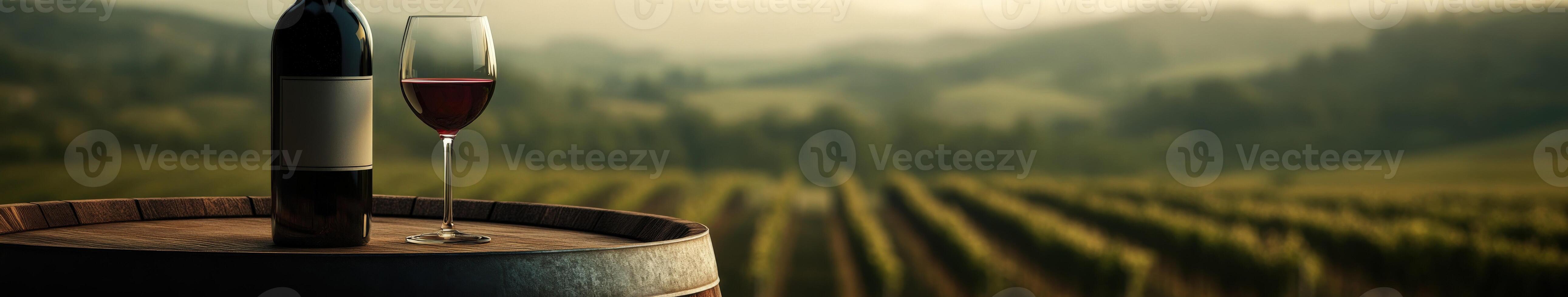 View of vineyard with wine bottle and glass on barrel photo