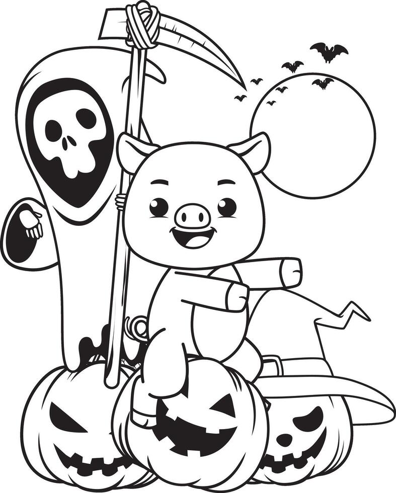 Halloween coloring page with pig for kids vector