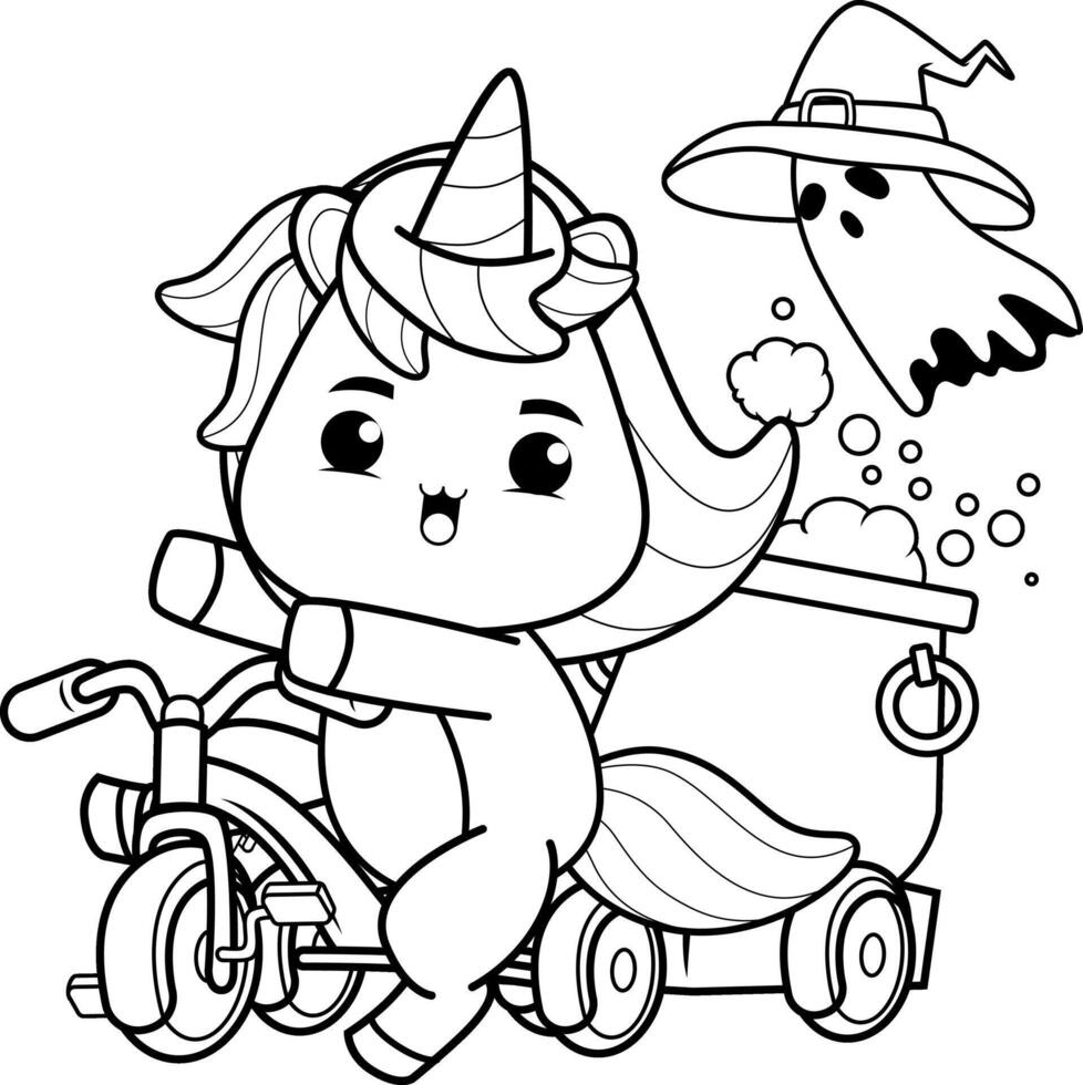 Halloween coloring page with unicorn for kids vector