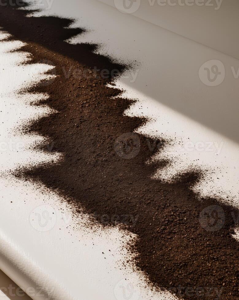 Abstract Textured Design of Dark Coffee Grounds on White Canvas with Natural Light photo