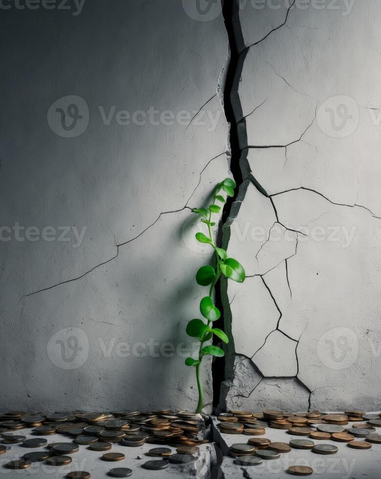 cracked wall with coins and green plant symbolizes inflation pressures and economic growth photo