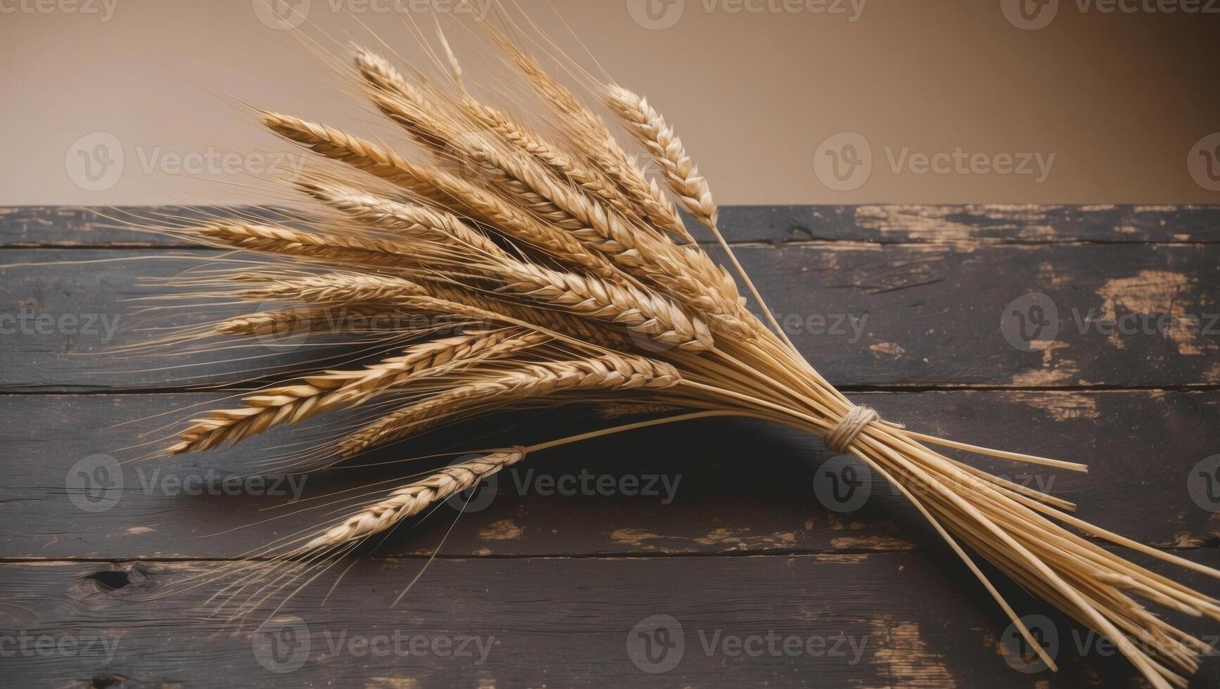 Rustic Dried Wheat Bouquet on Wooden Surface. photo