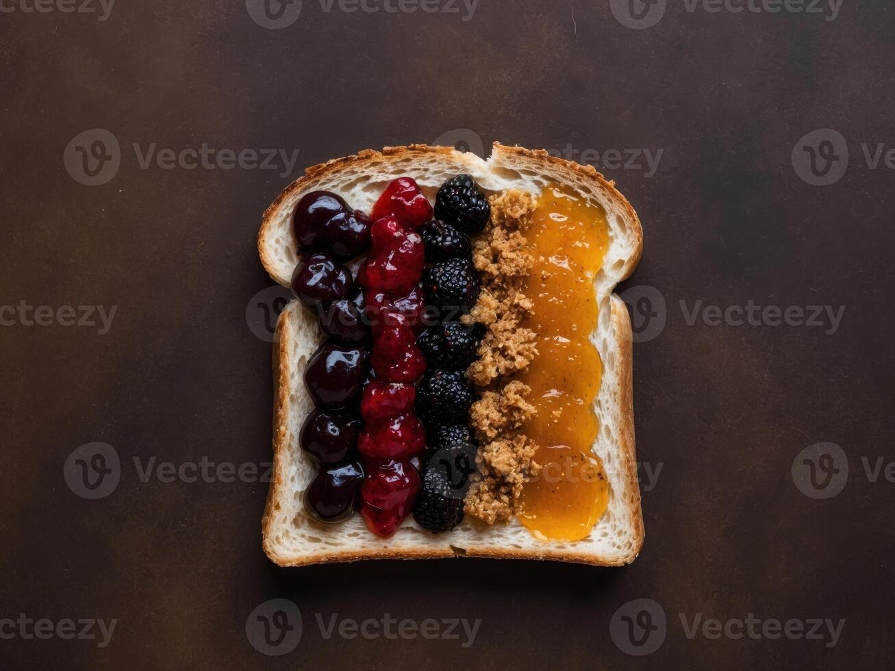 Toasted bread slice with assorted fruit preserves and jams spread on a dark background surface. photo