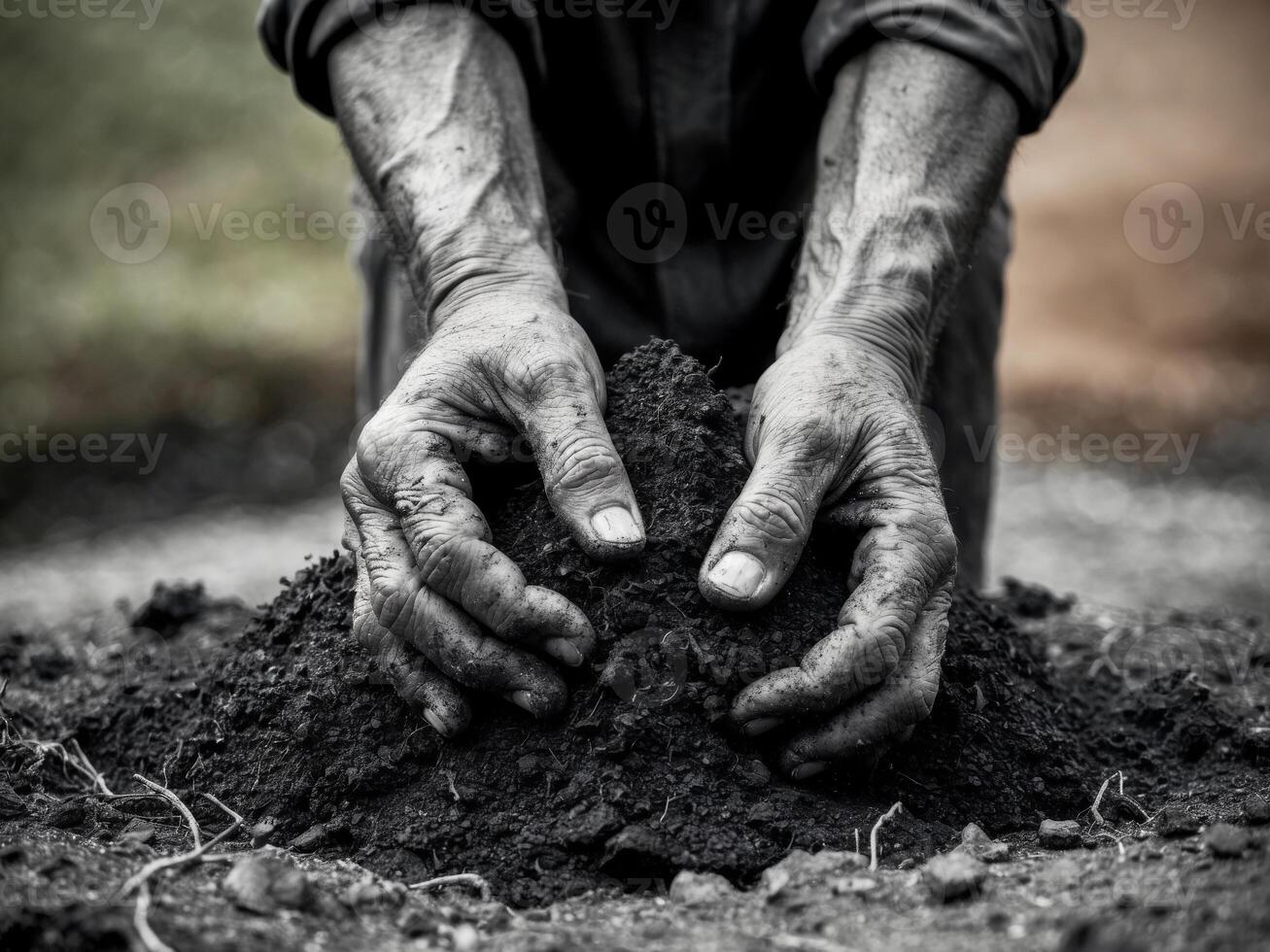 two dirty hands holding a pile of dark rich soil symbolizing farming nature and growth in an earthy outdoor setting. photo