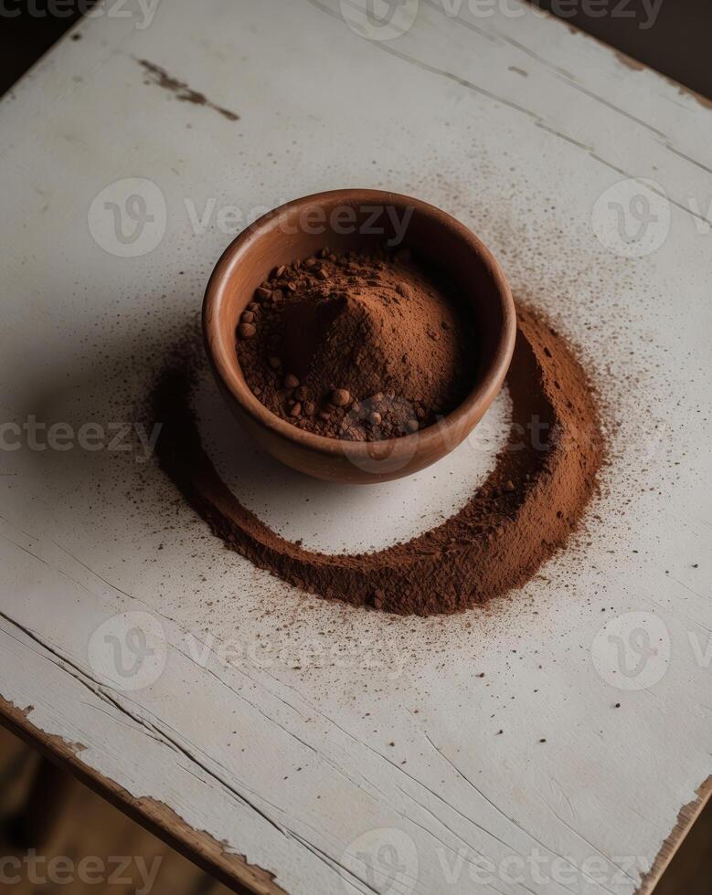Top view of a bowl filled with cocoa powder placed on a wooden table surface with scattered cocoa powder around photo