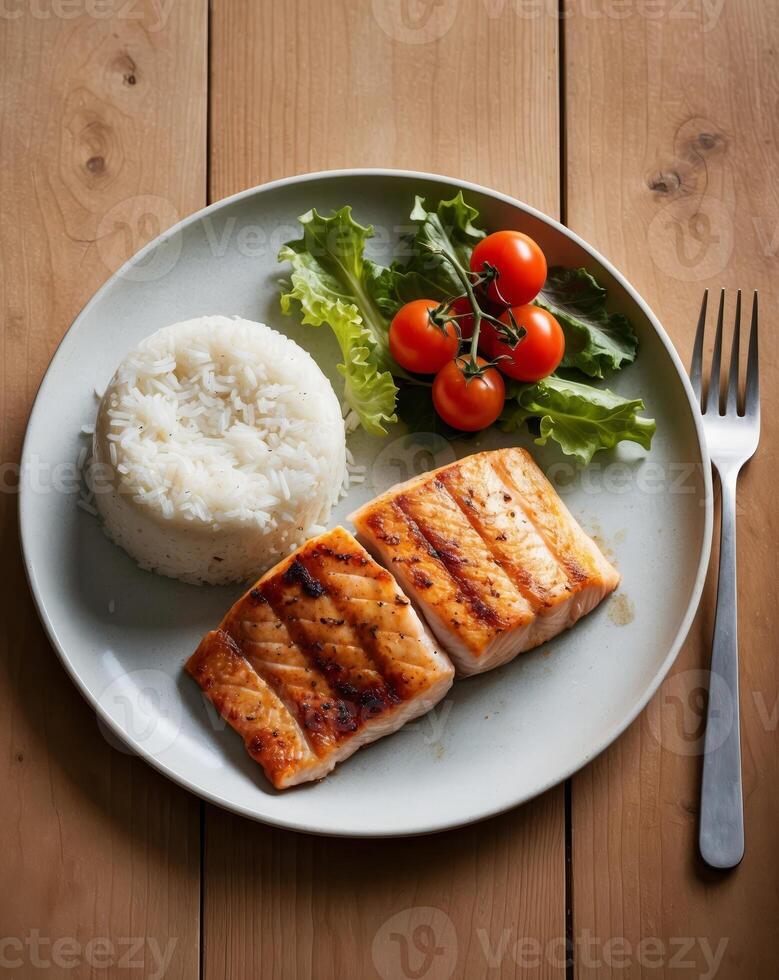 Grilled fish fillet served with rice and fresh salad on a wooden table photo