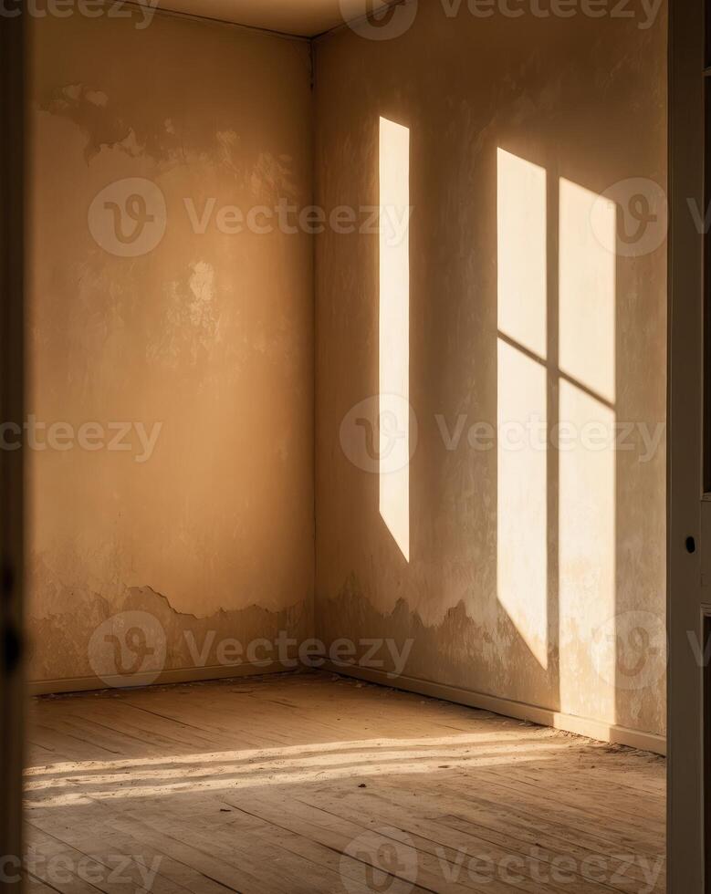 Abandoned Room with Sunlight Casting Shadows on the Wall photo