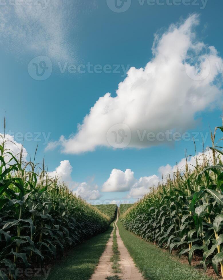 Lush Green Cornfield Pathway Under Blue Sky with Fluffy White Clouds photo
