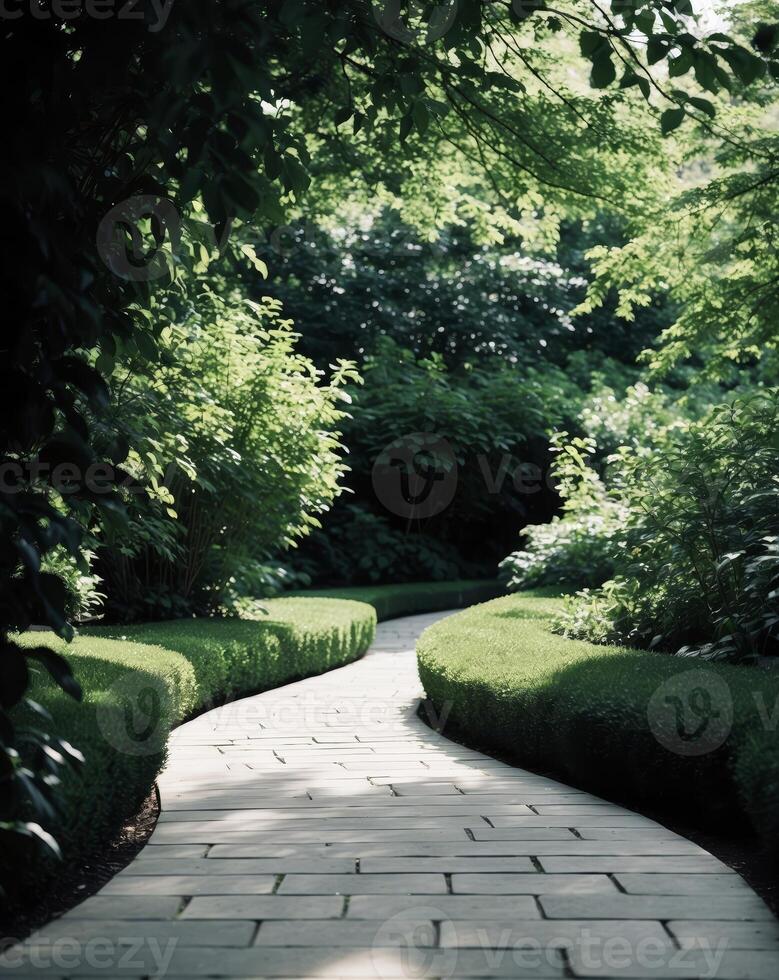 Winding Path Through a Lush Green Garden photo